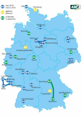 Übersicht über die bereits vorhandene bzw. im Bau oder in Planung befindliche Testfelder für automatisiertes Fahren in Deutschland. AMZ erfasst in einer Kurzstudie die abbildbaren Szenarien und Testfunktionen