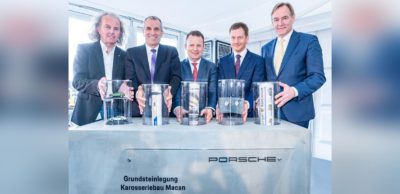 Grundsteinlegung für die bereits fünfte Werkserweiterung bei Porsche Leipzig: Knut Lofski/Betriebsrat Porsche Leipzig, Albrecht Reimold/Porsche-Produktionsvorstand, Gerd Rupp/Vorsitzender Geschäftsführung Porsche Leipzig, Michael Kretschmer/Ministerpräsident Sachsen und Burkhard Jung/Oberbürgermeister Leipzig.