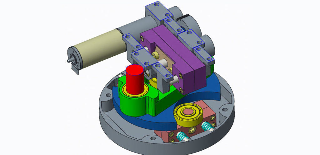 Schematische Darstellung des patentierten Robotergelenks: Die Federn sind über eine Kurvenscheibentechnik verbunden. Ein kleiner Linearmotor stellt die Federhärte des Gelenks ein.